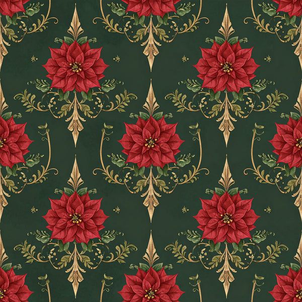 forest green, deep green, red, crimson red, gold, tan, poinsettia, floral, damask, botanical, holiday, christmas, festive, elegant, traditional, vintage, luxurious, ornate, decorative, poinsettia flowers, scrollwork, leaves, greenery, winter, seasonal, formal, classic, timeless, victorian