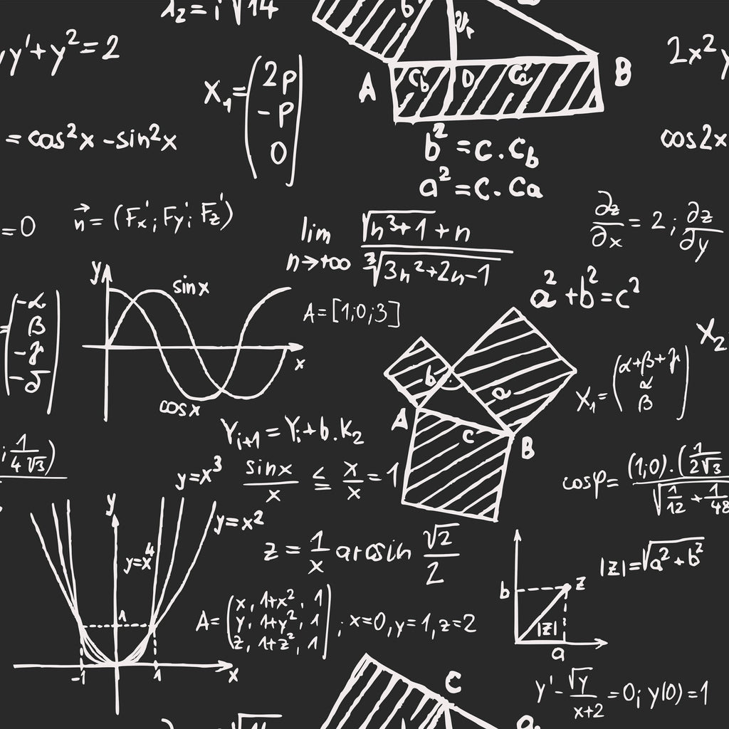 black, white, chalkboard, mathematical formulas, equations, geometric shapes, graphs, sine waves, trigonometry, algebra, calculus, educational, academic, school theme, stem,, fabric panel, classroom inspired, scholarly, scientific notation