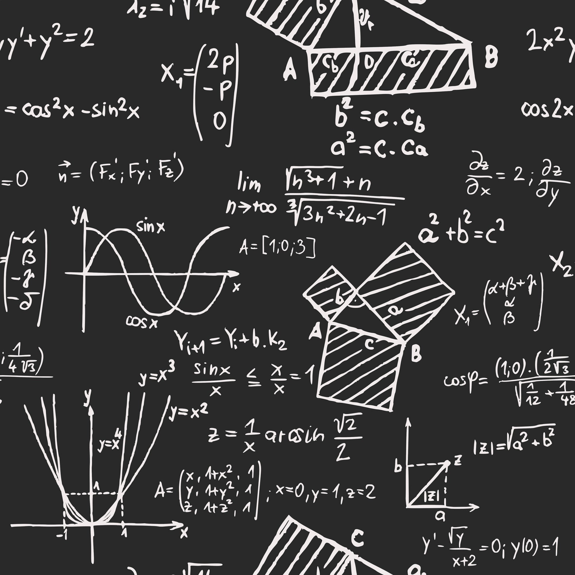 black, white, chalkboard, mathematical formulas, equations, geometric shapes, graphs, sine waves, trigonometry, algebra, calculus, educational, academic, school theme, stem,, fabric panel, classroom inspired, scholarly, scientific notation