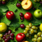 fresh fruits, red apples, green grapes, cherries, water droplets, vibrant colors, realistic photography,, fabric panel, nature pattern, harvest theme, orchard fruits, botanical design, green leaves, photographic print, summer fruits, colorful produce, wet surface, natural textures, kitchen theme