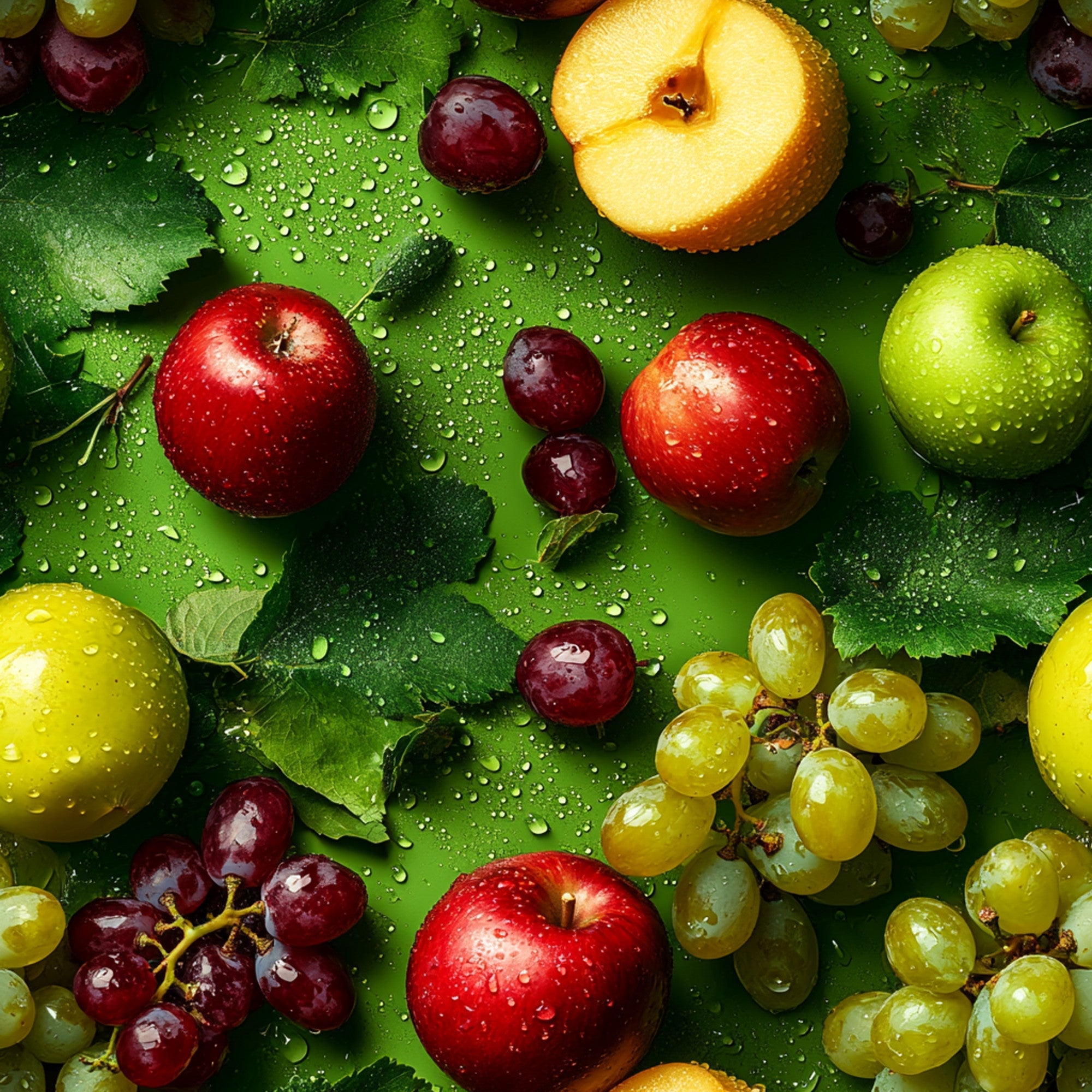 fresh fruits, red apples, green grapes, cherries, water droplets, vibrant colors, realistic photography,, fabric panel, nature pattern, harvest theme, orchard fruits, botanical design, green leaves, photographic print, summer fruits, colorful produce, wet surface, natural textures, kitchen theme