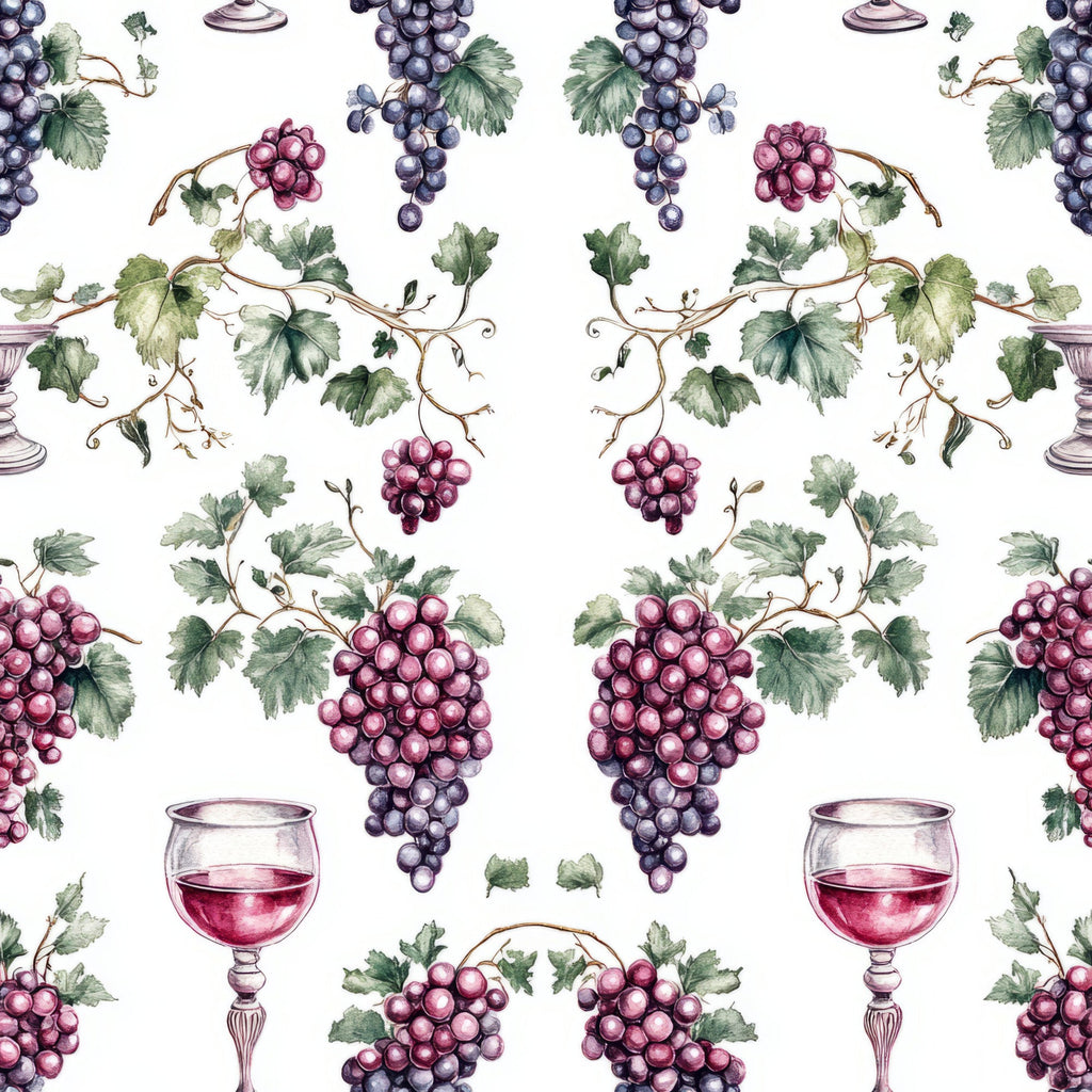 vineyard pattern, grape clusters, wine glasses, grapevines, purple grapes, red wine, green leaves, botanical design, repeating pattern,, fabric panel, wine theme, deep purple, burgundy, forest green, watercolor style, elegant motif, vine leaves, grape harvest, seamless design