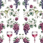 vineyard pattern, grape clusters, wine glasses, grapevines, purple grapes, red wine, green leaves, botanical design, repeating pattern,, fabric panel, wine theme, deep purple, burgundy, forest green, watercolor style, elegant motif, vine leaves, grape harvest, seamless design