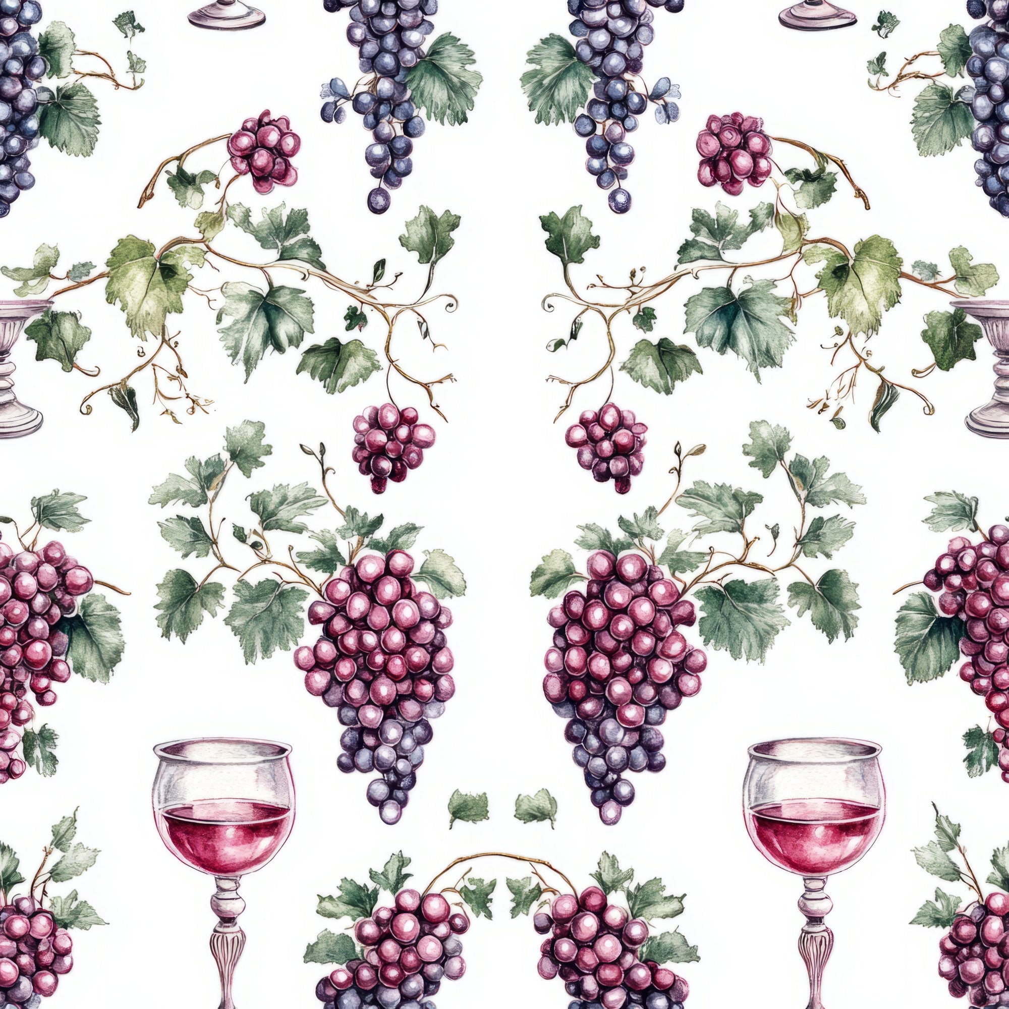 vineyard pattern, grape clusters, wine glasses, grapevines, purple grapes, red wine, green leaves, botanical design, repeating pattern,, fabric panel, wine theme, deep purple, burgundy, forest green, watercolor style, elegant motif, vine leaves, grape harvest, seamless design