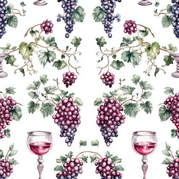 vineyard pattern, grape clusters, wine glasses, grapevines, purple grapes, red wine, green leaves, botanical design, repeating pattern,, fabric panel, wine theme, deep purple, burgundy, forest green, watercolor style, elegant motif, vine leaves, grape harvest, seamless design