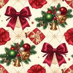 deep red, burgundy, crimson, gold, bronze, cream, ivory, pearl white, forest green, emerald green, christmas, holiday, festive, elegant, traditional, luxurious, bows, ribbons, bells, ornaments, gifts, present boxes, evergreen branches, pearl beads, stars, geometric quilted background, vintage holiday, formal, sophisticated, celebration