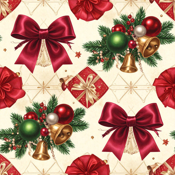 deep red, burgundy, crimson, gold, bronze, cream, ivory, pearl white, forest green, emerald green, christmas, holiday, festive, elegant, traditional, luxurious, bows, ribbons, bells, ornaments, gifts, present boxes, evergreen branches, pearl beads, stars, geometric quilted background, vintage holiday, formal, sophisticated, celebration