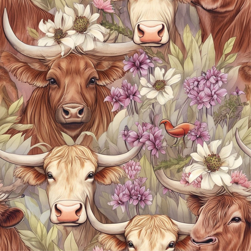 highland cows, brown cattle, horned cows, purple flowers, white daisies, pink blossoms, floral pattern, orange bird,, fabric panel, pastoral scene, farm animals, botanical elements, soft colors, whimsical art, repeating pattern, nature motif, country theme, detailed illustration
