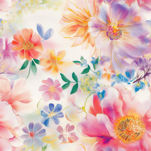 watercolor floral, japanese inspired, soft pastels, coral pink, lavender purple, sunny yellow, sage green, ocean blue, delicate blooms, ethereal flowers, translucent petals, botanical art, dreamy aesthetic,, fabric panel, spring garden, whimsical florals, artistic watercolor, gentle colors, floral motifs