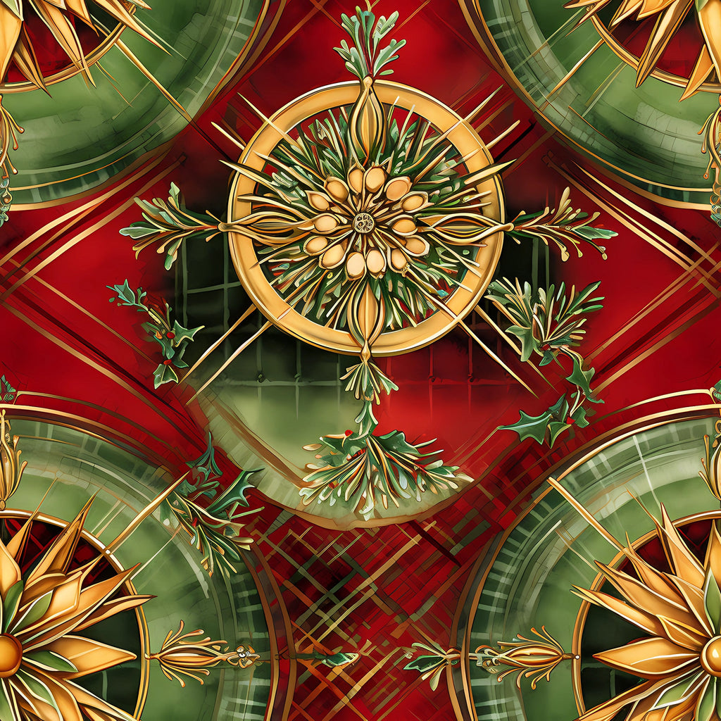 red, green, gold, christmas,, fabric panel, ornate medallions, floral motifs, holly leaves, geometric patterns, plaid background, festive design, holiday theme, circular motifs, botanical elements, rich colors, decorative wreaths, winter foliage, elegant ornaments, seasonal fabric