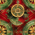 red, green, gold, christmas,, fabric panel, ornate medallions, floral motifs, holly leaves, geometric patterns, plaid background, festive design, holiday theme, circular motifs, botanical elements, rich colors, decorative wreaths, winter foliage, elegant ornaments, seasonal fabric