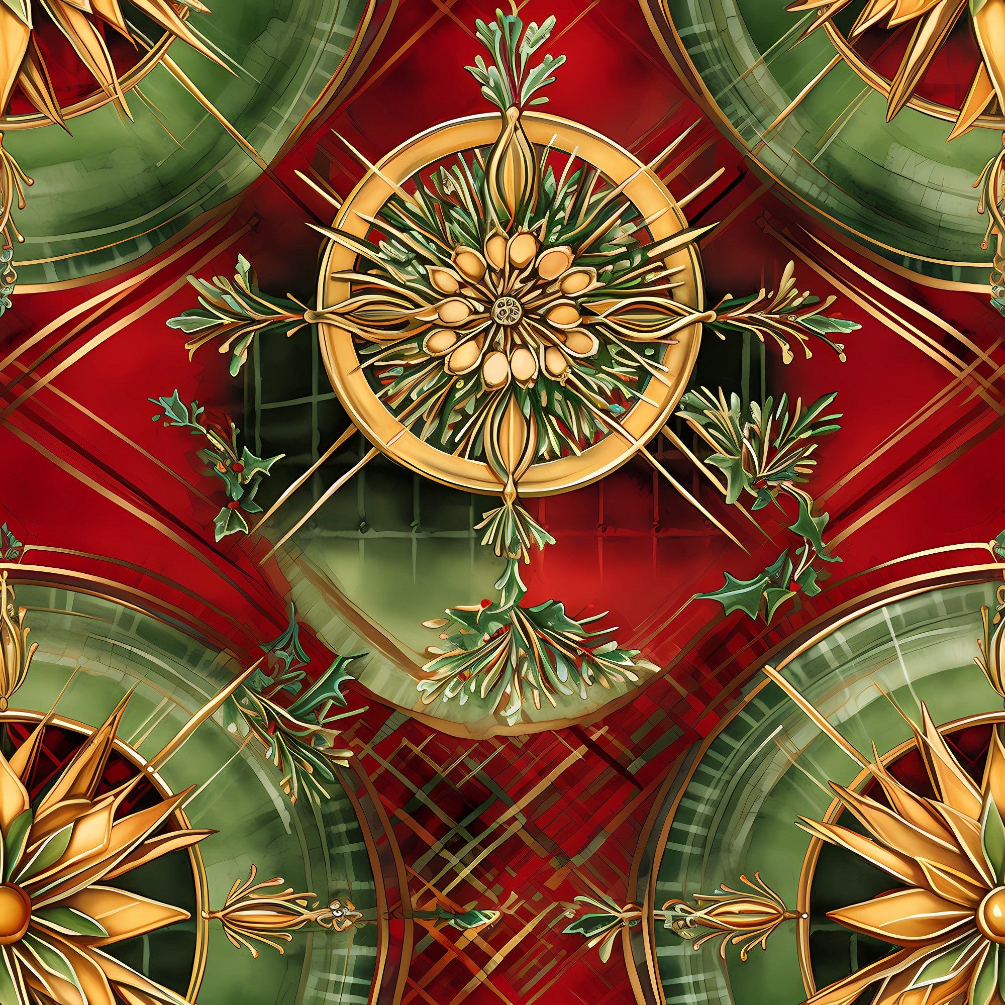 red, green, gold, christmas,, fabric panel, ornate medallions, floral motifs, holly leaves, geometric patterns, plaid background, festive design, holiday theme, circular motifs, botanical elements, rich colors, decorative wreaths, winter foliage, elegant ornaments, seasonal fabric