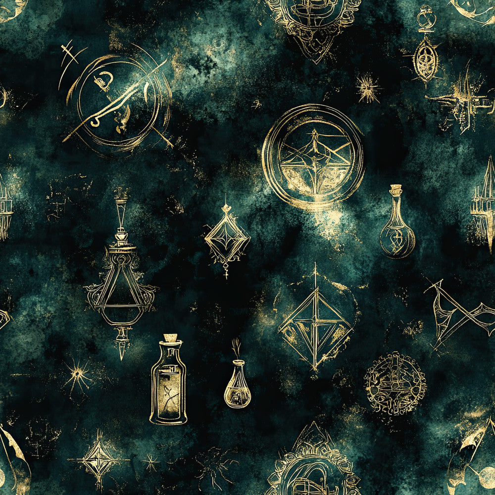forest green, teal, deep teal, gold, metallicgold, dark teal, celestial, mystical, magical, witchy, alchemy, potion bottles, stars, geometric, ornamental, vintage, elegant, dark academia, esoteric, mysticism, occult, spell bottles, moon phases, ornate, enchanted, magical creatures, fantasy, gothic, ethereal, dark romantic