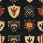 rustic shields, heraldic crests, medieval banners, eagle emblems, tree motifs, dark navy background, burgundy red, cream beige, gold accents, weathered texture,, fabric panel, coat of arms, vintage style, distressed finish, german inspired, patriotic symbols, repeating pattern, antiqued look