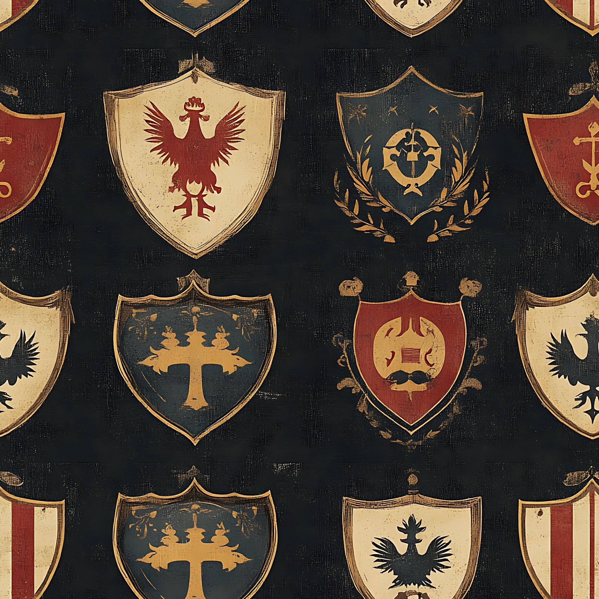 rustic shields, heraldic crests, medieval banners, eagle emblems, tree motifs, dark navy background, burgundy red, cream beige, gold accents, weathered texture,, fabric panel, coat of arms, vintage style, distressed finish, german inspired, patriotic symbols, repeating pattern, antiqued look