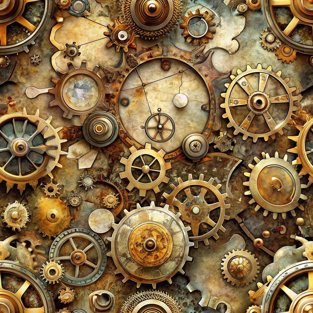 steampunk, mechanical gears, brass, copper, bronze, gold, antique, vintage machinery, clockwork, industrial, cogs, wheels, metallic, weathered, aged patina,, fabric panel, victorian era, intricate details, mechanical elements