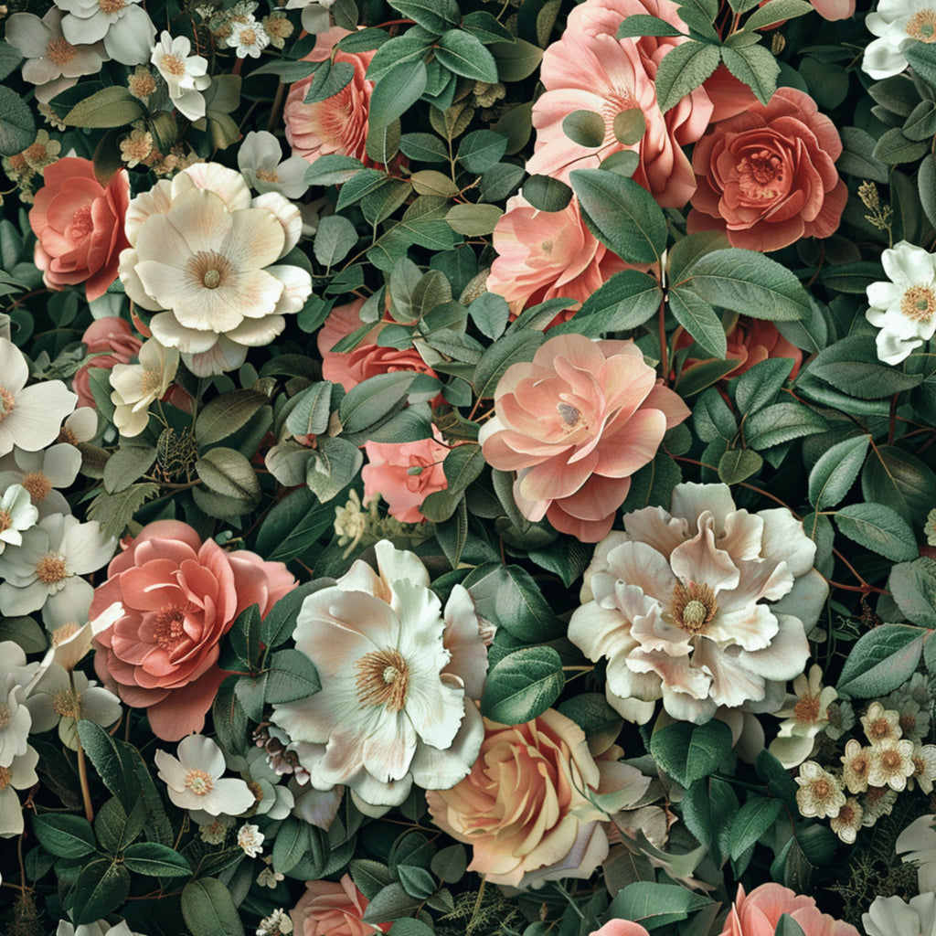 realistic flowers, botanical pattern, coral pink, cream white, sage green, dusty rose, vintage roses, garden blooms, floral arrangement,, fabric panel, romantic florals, muted pastels, layered petals, rose bushes, cottage garden, soft textures, nature inspired, seamless repeat, vintage botanical