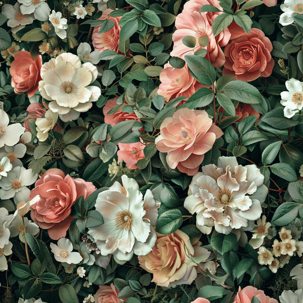 realistic flowers, botanical pattern, coral pink, cream white, sage green, dusty rose, vintage roses, garden blooms, floral arrangement,, fabric panel, romantic florals, muted pastels, layered petals, rose bushes, cottage garden, soft textures, nature inspired, seamless repeat, vintage botanical