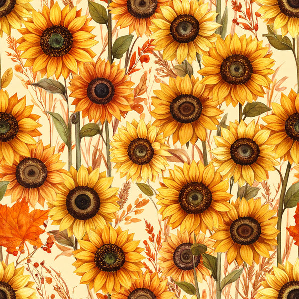 sunflower, golden yellow, burnt orange, sage green, cream, floral, nature, botanical, autumn, fall, farmhouse, rustic, vintage, whimsical, cheerful, sunny, garden, wildflower, leaves, stems, warm tones, harvest, cottage style, decorative, artistic, kids room, nursery, home decor, seasonal