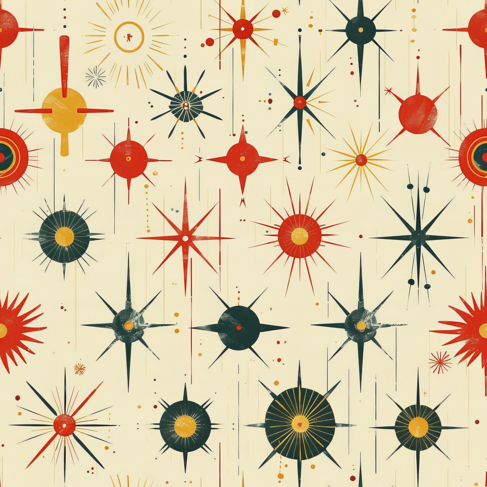 retro starburst, mid-century modern, atomic design, sunburst motifs, red orange yellow, teal green, cream background, geometric shapes, radiating lines, circular patterns, vintage style, 1950s inspired,, fabric panel, mod design, star shapes, repeating pattern, cotton fabric, crafting material