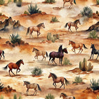 wild horses, desert landscape, western theme, earthy tones, brown horses, black horses, tan colors, orange hues, watercolor style, cacti plants, rocky terrain, galloping horses, southwestern design,, fabric panel, nature scene, dusty ground, desert flora, rustic artwork, animal motif