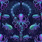 neon purple, cyan blue, magenta pink, navy blue, iridescent colors, octopus, jellyfish, fish, underwater, ocean, marine life, celestial, mystical, steampunk, whimsical, bohemian, psychedelic, symmetrical, ornate, decorative, magical, fantasy, deep sea creatures, bioluminescent, glow effect, dark academia, alternative style, geeky, nerdy