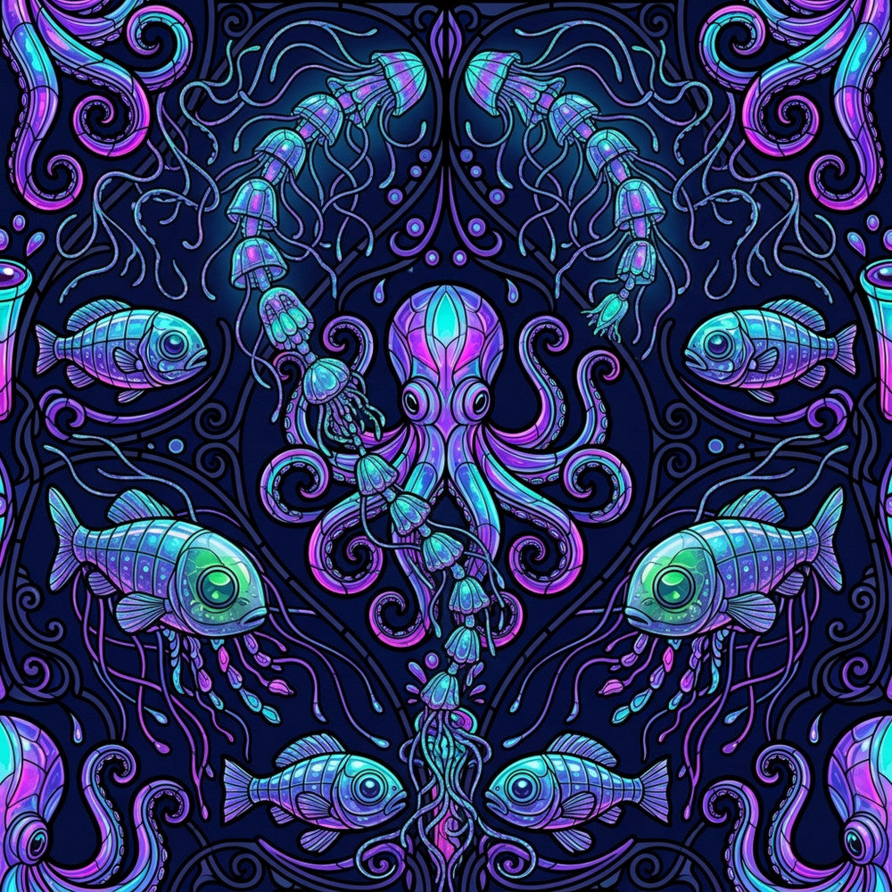 neon purple, cyan blue, magenta pink, navy blue, iridescent colors, octopus, jellyfish, fish, underwater, ocean, marine life, celestial, mystical, steampunk, whimsical, bohemian, psychedelic, symmetrical, ornate, decorative, magical, fantasy, deep sea creatures, bioluminescent, glow effect, dark academia, alternative style, geeky, nerdy