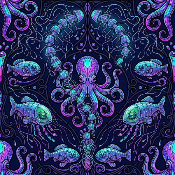 neon purple, cyan blue, magenta pink, navy blue, iridescent colors, octopus, jellyfish, fish, underwater, ocean, marine life, celestial, mystical, steampunk, whimsical, bohemian, psychedelic, symmetrical, ornate, decorative, magical, fantasy, deep sea creatures, bioluminescent, glow effect, dark academia, alternative style, geeky, nerdy