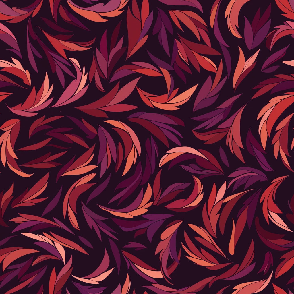 burgundy, coral, pink, purple, dark plum, swirling leaves, flowing botanical, abstract foliage, curved petals, organic spirals, seamless repeat, modern floral, contemporary design,, fabric panel, autumn colors, warm tones, sophisticated palette, artistic leaves, decorative swirls