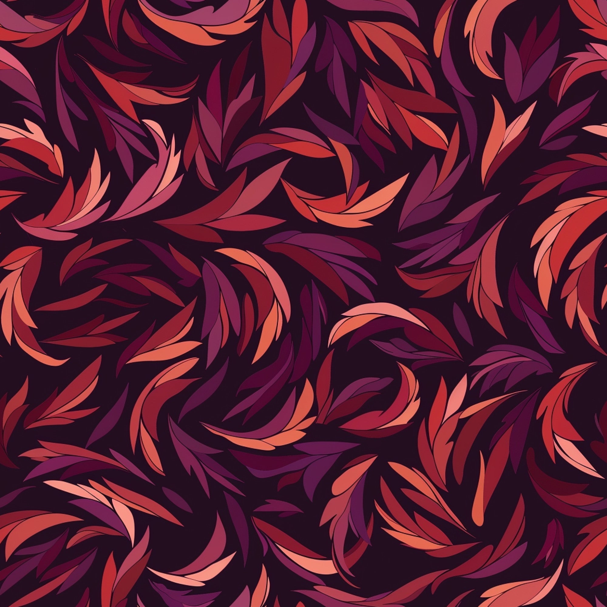 burgundy, coral, pink, purple, dark plum, swirling leaves, flowing botanical, abstract foliage, curved petals, organic spirals, seamless repeat, modern floral, contemporary design,, fabric panel, autumn colors, warm tones, sophisticated palette, artistic leaves, decorative swirls