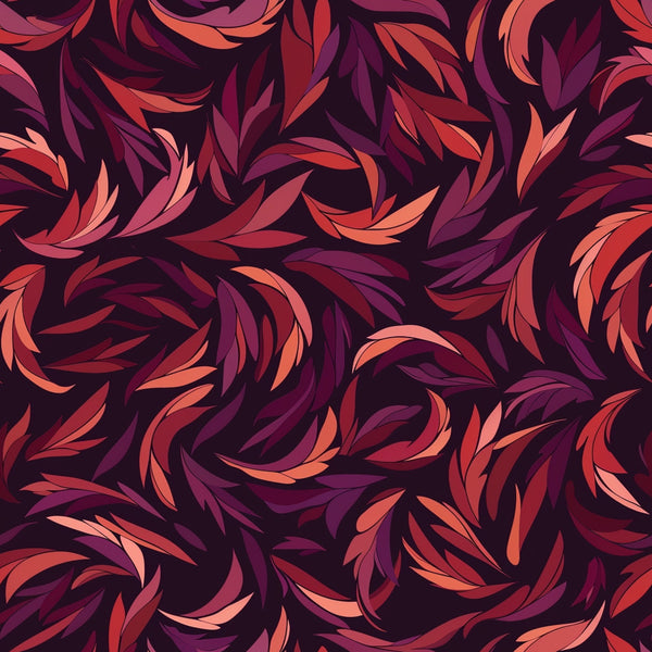 burgundy, coral, pink, purple, dark plum, swirling leaves, flowing botanical, abstract foliage, curved petals, organic spirals, seamless repeat, modern floral, contemporary design,, fabric panel, autumn colors, warm tones, sophisticated palette, artistic leaves, decorative swirls