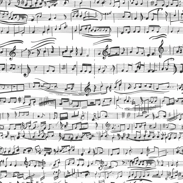 black, white, monochrome, musical notes, sheet music, handwritten notation, treble clefs, staff lines, music symbols,, fabric panel, artistic pattern, manuscript style, flowing curves, musical composition, vintage inspired, seamless design, cotton fabric, crafting material