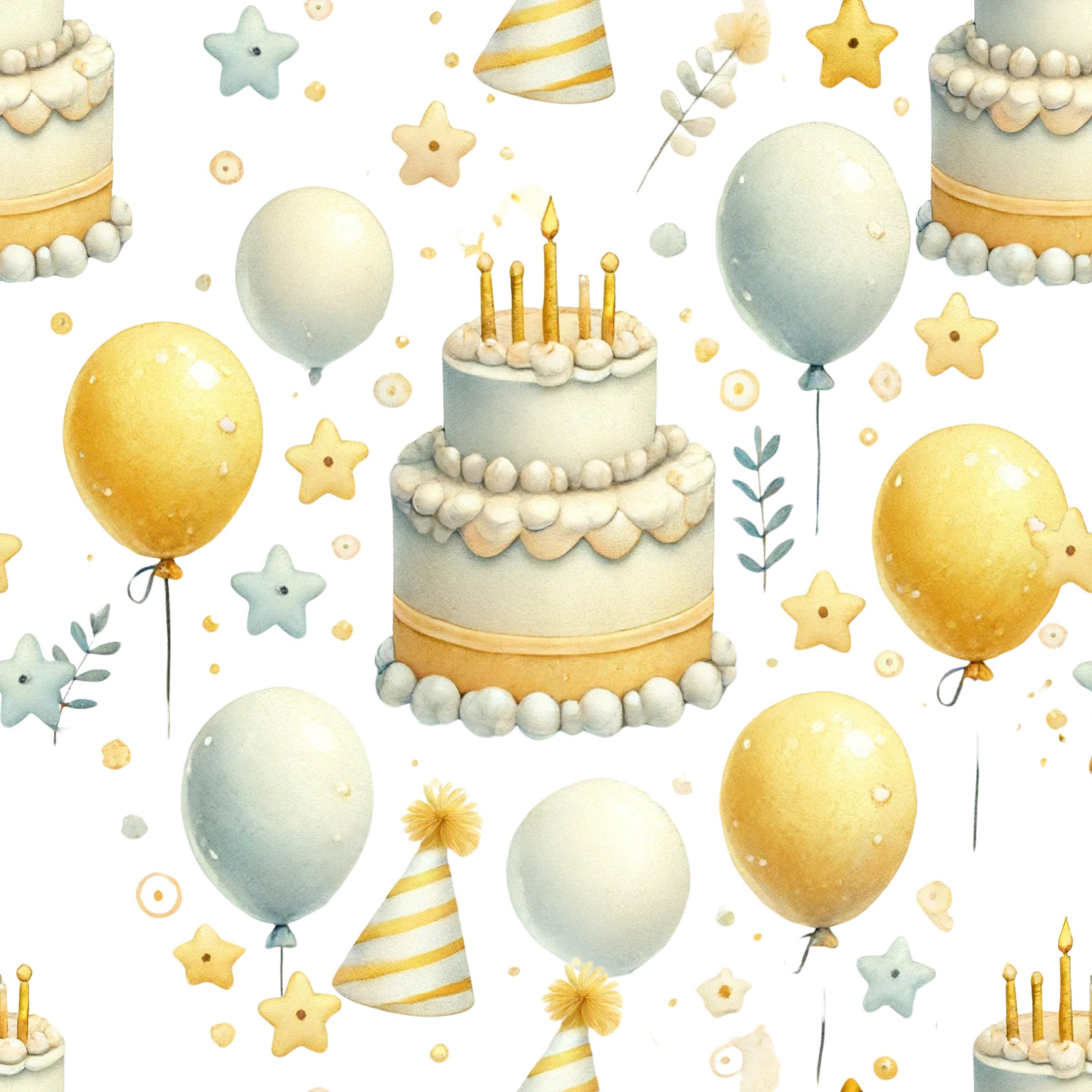 birthday party, celebration, balloons, birthday cake, candles, party hats, stars, yellow, sage green, cream, white, gold accents, watercolor style, festive,, fabric panel, children's theme, soft pastels, whimsical, party decorations
