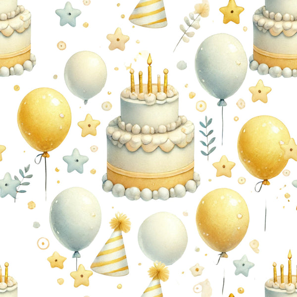 birthday party, celebration, balloons, birthday cake, candles, party hats, stars, yellow, sage green, cream, white, gold accents, watercolor style, festive,, fabric panel, children's theme, soft pastels, whimsical, party decorations