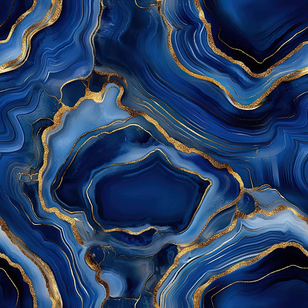 royal blue, gold, navy blue, sapphire blue, agate pattern, geode design, marbled swirls, flowing lines, gilded edges, mineral formation, abstract art, luxurious, elegant, fluid movement,, fabric panel, natural stone, crystalline structure, organic shapes, metallic accents