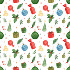 christmas, holiday, festive, red, green, cream, gold, coral pink, dusty blue, forest green, sage green, ornament, gift box, holly, bell, candy cane, tree, wreath, winter, seasonal, whimsical, traditional, playroom, kids room, nursery, baby shower, decorative, ribbon, present, baubles