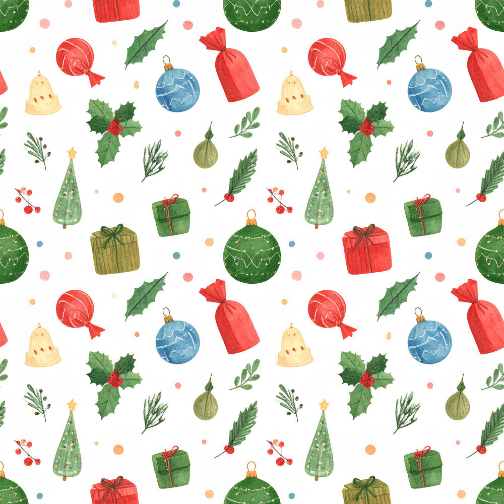 christmas, holiday, festive, red, green, cream, gold, coral pink, dusty blue, forest green, sage green, ornament, gift box, holly, bell, candy cane, tree, wreath, winter, seasonal, whimsical, traditional, playroom, kids room, nursery, baby shower, decorative, ribbon, present, baubles