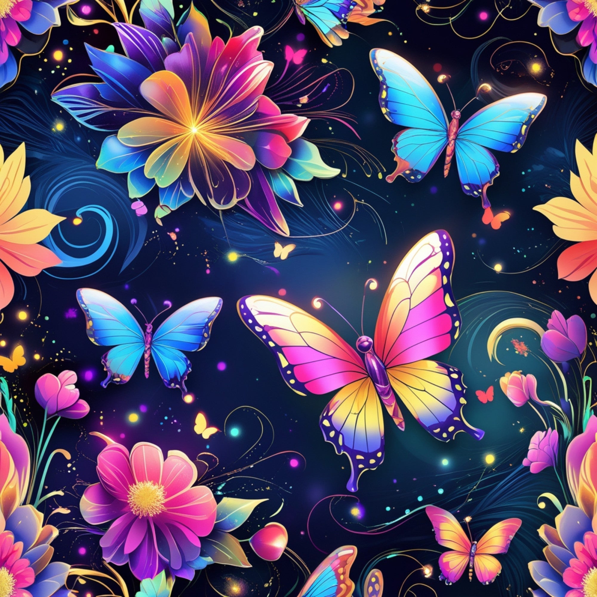 butterflies, fantasy flowers, vibrant purple, electric blue, hot pink, golden yellow, cosmic background, floral motifs, iridescent wings, magical sparkles,, fabric panel, whimsical design, rainbow gradient, celestial swirls, nature fantasy, decorative butterflies, luminous petals, enchanted garden, colorful blooms