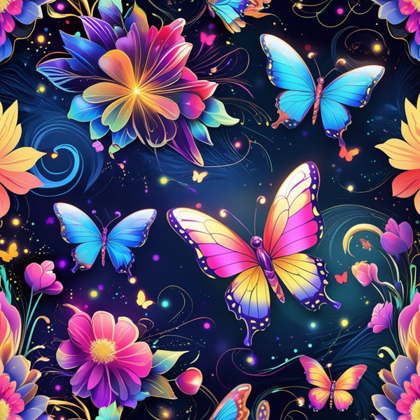 butterflies, fantasy flowers, vibrant purple, electric blue, hot pink, golden yellow, cosmic background, floral motifs, iridescent wings, magical sparkles,, fabric panel, whimsical design, rainbow gradient, celestial swirls, nature fantasy, decorative butterflies, luminous petals, enchanted garden, colorful blooms