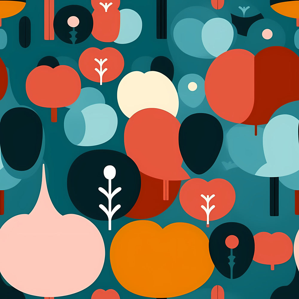 teal, coral, burnt orange, navy, cream, light blue, heart trees, modern geometric, whimsical, nature, forest, abstract trees, mid-century modern, retro, nursery, playroom, kids room, baby, toddler, gender neutral, contemporary, stylized trees, organic shapes, nature inspired, spring, summer, playful, artistic, decorative trees, soft palette