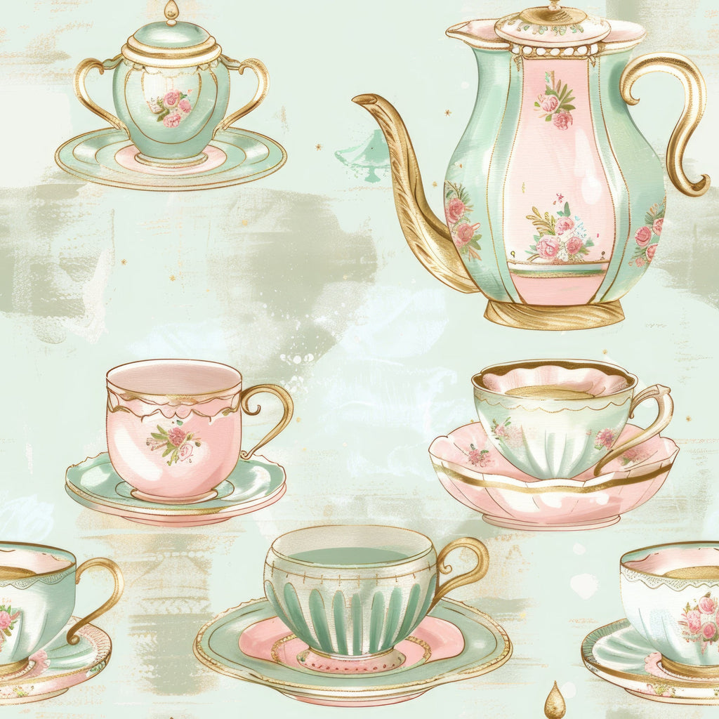mint green, dusty pink, gold accents, teacups, teapots, saucers, floral motifs, roses, vintage china, elegant porcelain, tea party, delicate patterns, pastel colors,, fabric panel, whimsical design, shabby chic, romantic style, watercolor effect, soft pastels