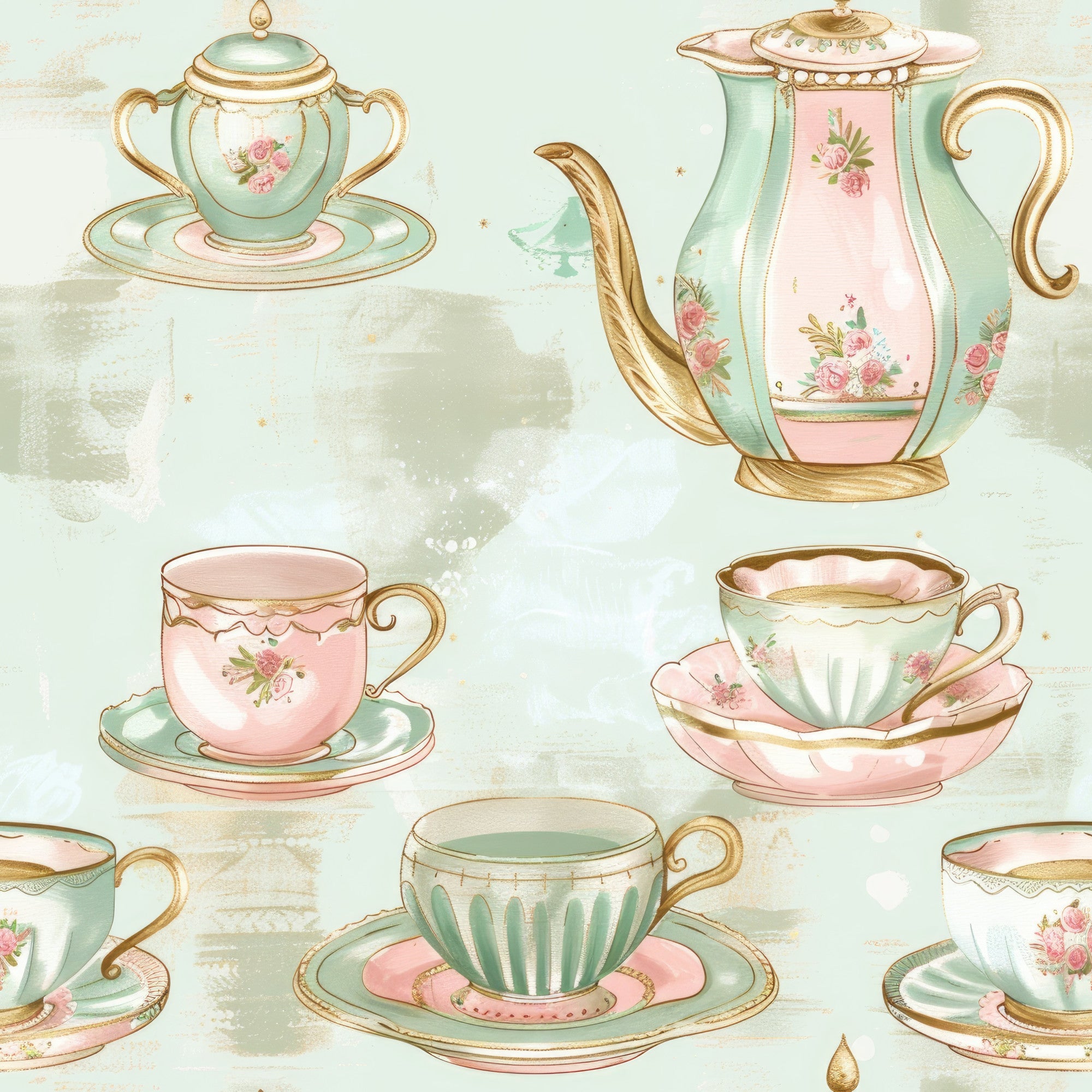 mint green, dusty pink, gold accents, teacups, teapots, saucers, floral motifs, roses, vintage china, elegant porcelain, tea party, delicate patterns, pastel colors,, fabric panel, whimsical design, shabby chic, romantic style, watercolor effect, soft pastels