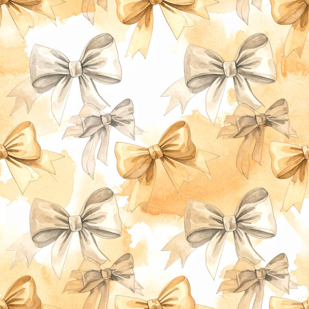 cream, beige, tan, golden yellow, bronze, watercolor, bows, ribbons, elegant, vintage, whimsical, feminine, romantic, delicate, decorative bows, gift bows, pastel, soft, nursery, baby girl, baby shower, spring, easter, celebration, traditional, charming, botanical watercolor, neutral tones