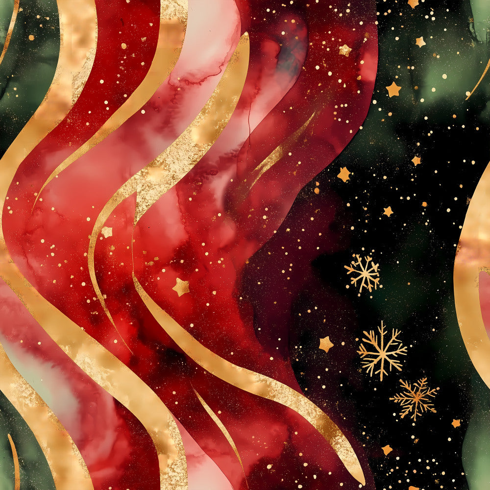 deep red, burgundy, forest green, gold, cream, metallic gold, ruby red, wine red, dark green, elegant, luxurious, festive, holiday, christmas, winter, celestial, stars, snowflakes, sparkly, glittery, shimmery, swirling ribbons, flowing, sophisticated, premium, decorative, formal, upscale