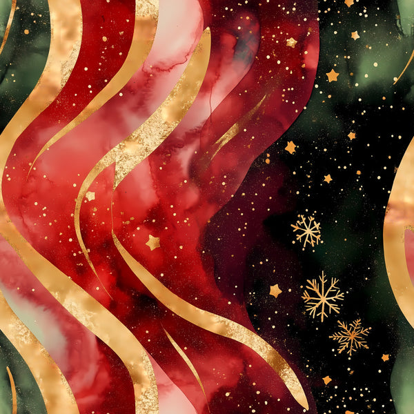deep red, burgundy, forest green, gold, cream, metallic gold, ruby red, wine red, dark green, elegant, luxurious, festive, holiday, christmas, winter, celestial, stars, snowflakes, sparkly, glittery, shimmery, swirling ribbons, flowing, sophisticated, premium, decorative, formal, upscale