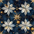 navy blue, deep blue, gold, metallic gold, silver, white, cream, baroque pattern, celestial design, floral motifs, star patterns, ornate swirls, decorative circles, symmetrical design, elegant flourishes,, fabric panel, luxurious, ornamental, geometric flowers, golden accents, intricate details, celestial theme, baroque style