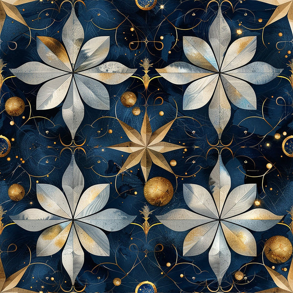 navy blue, deep blue, gold, metallic gold, silver, white, cream, baroque pattern, celestial design, floral motifs, star patterns, ornate swirls, decorative circles, symmetrical design, elegant flourishes,, fabric panel, luxurious, ornamental, geometric flowers, golden accents, intricate details, celestial theme, baroque style