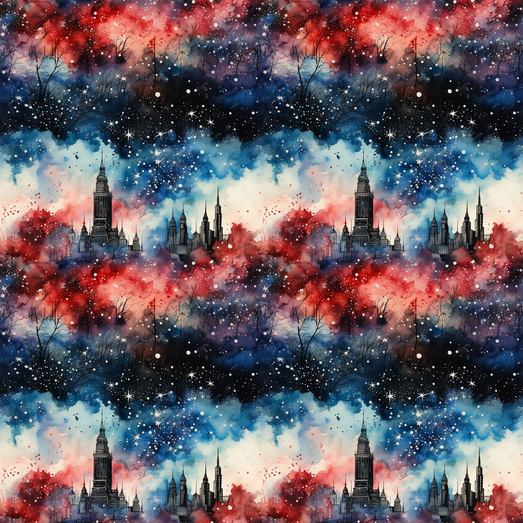 patriotic, grunge, red, blue, white, navy, watercolor, galaxy, stars, cityscape, skyline, buildings, skyscrapers, nebula, cosmic,, fabric panel, distressed, abstract, americana