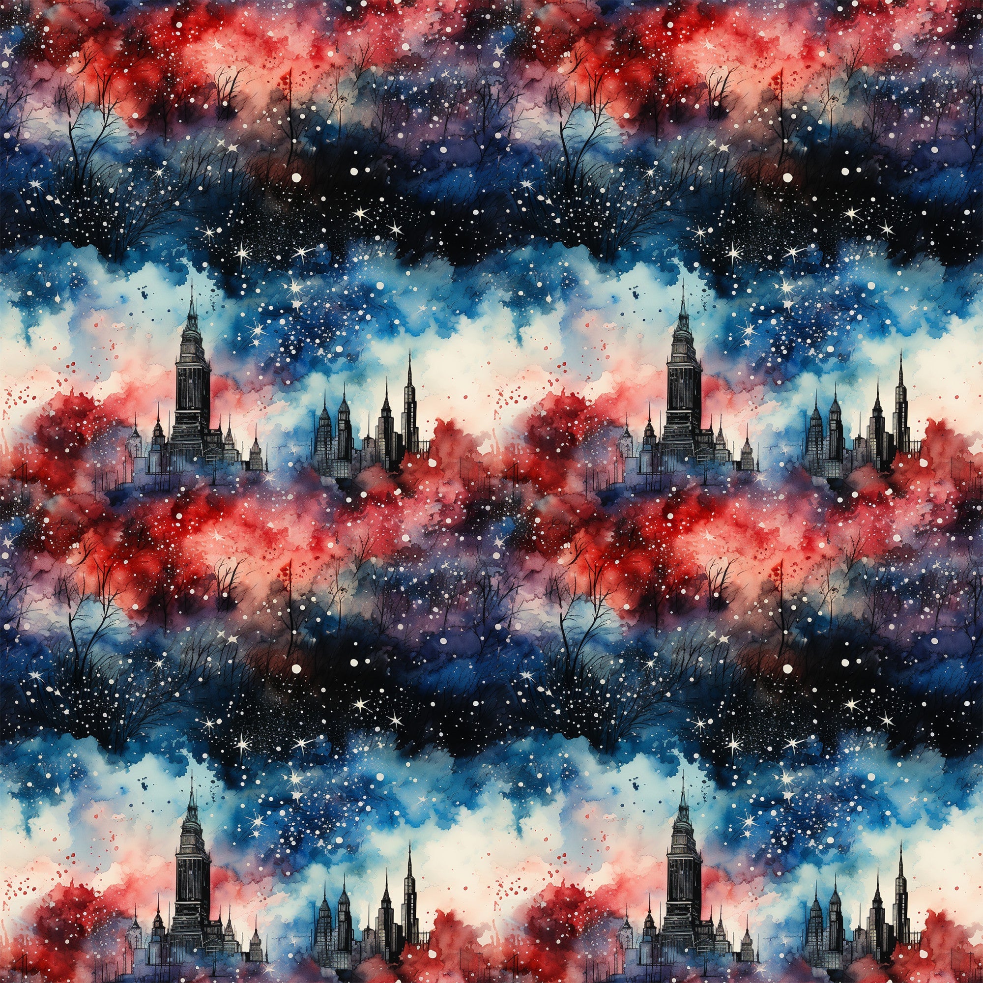patriotic, grunge, red, blue, white, navy, watercolor, galaxy, stars, cityscape, skyline, buildings, skyscrapers, nebula, cosmic,, fabric panel, distressed, abstract, americana