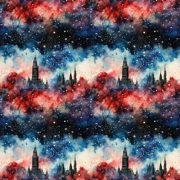 patriotic, grunge, red, blue, white, navy, watercolor, galaxy, stars, cityscape, skyline, buildings, skyscrapers, nebula, cosmic,, fabric panel, distressed, abstract, americana